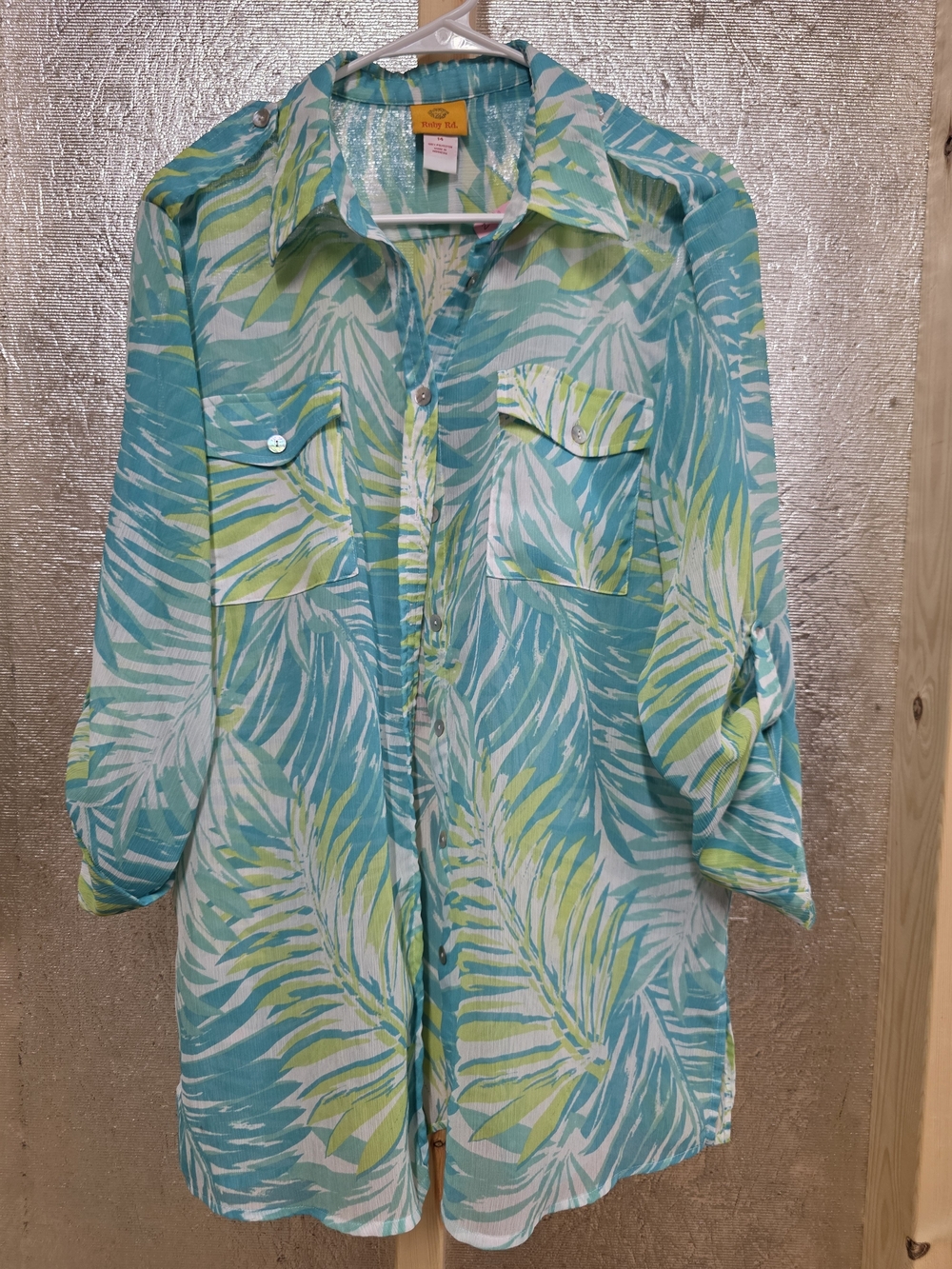 Ruby Rd. Teal & Lime Palm-Print Button Blouse Size 14